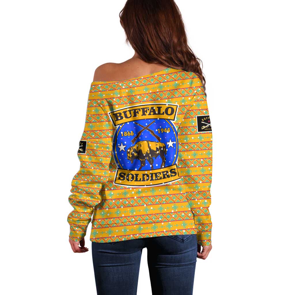 Buffalo Soldiers Christmas Off Shoulder Sweater with Yellow Cartoon Buffalo Santa Hat Design - Wonder Print Shop