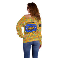 Buffalo Soldiers Christmas Off Shoulder Sweater with Yellow Cartoon Buffalo Santa Hat Design - Wonder Print Shop