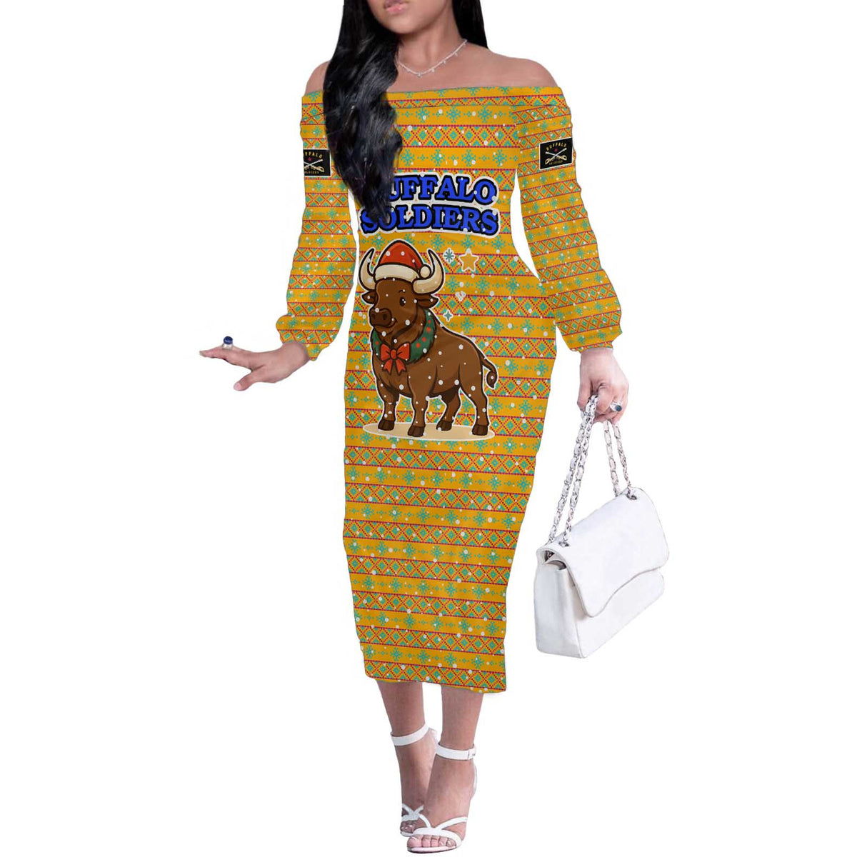 Buffalo Soldiers Christmas Off The Shoulder Long Sleeve Dress with Yellow Cartoon Buffalo Santa Hat Design - Wonder Print Shop