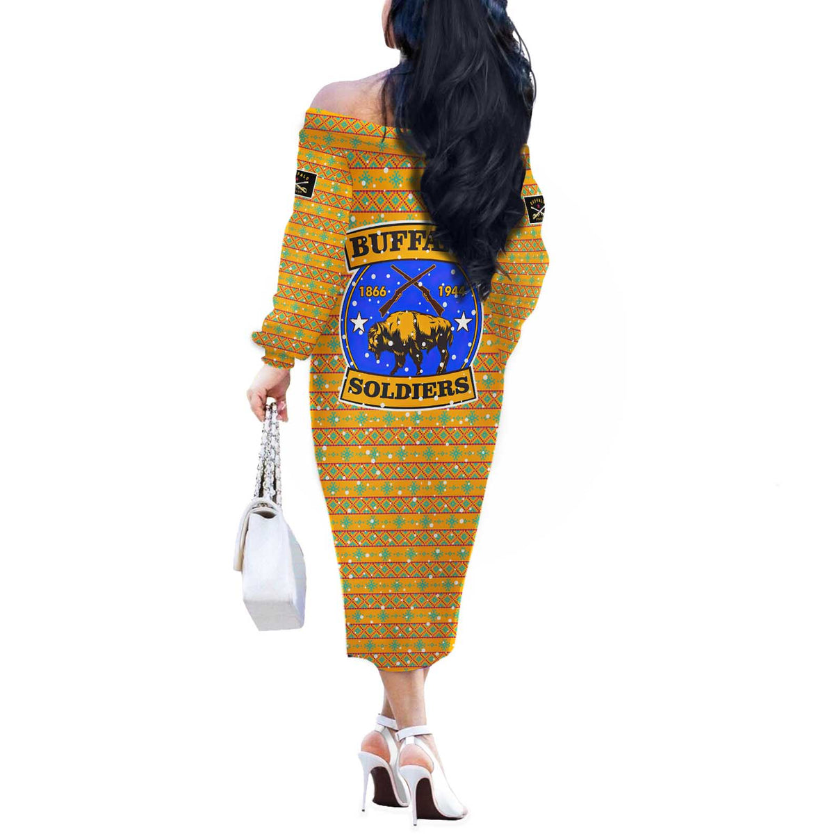 Buffalo Soldiers Christmas Off The Shoulder Long Sleeve Dress with Yellow Cartoon Buffalo Santa Hat Design - Wonder Print Shop