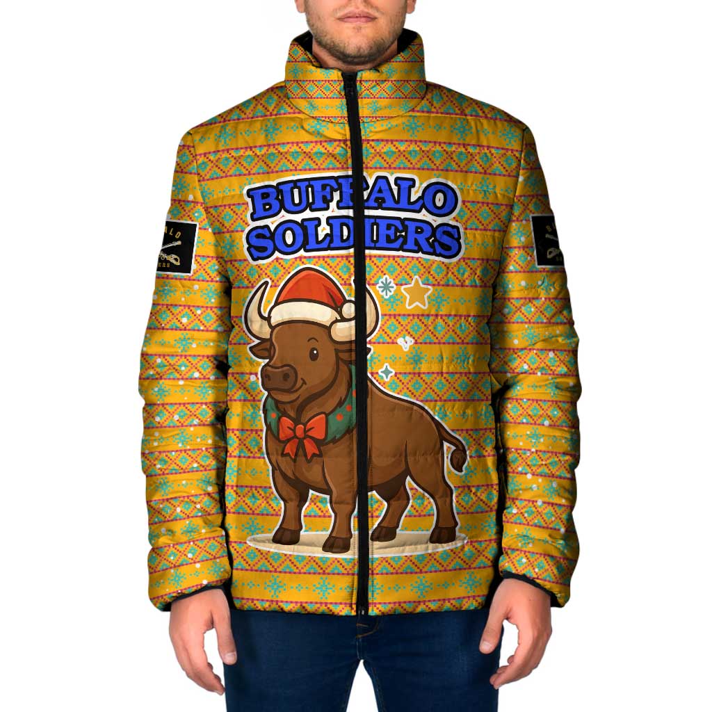 Buffalo Soldiers Christmas Padded Jacket with Yellow Cartoon Buffalo Santa Hat Design - Wonder Print Shop