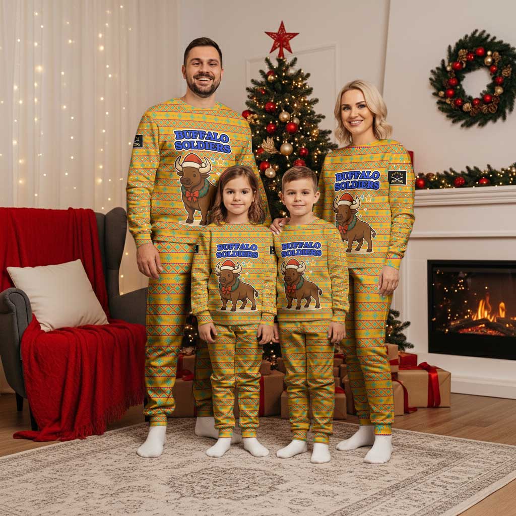 Buffalo Soldiers Christmas Pajama Set with Yellow Cartoon Buffalo Santa Hat Design - Wonder Print Shop
