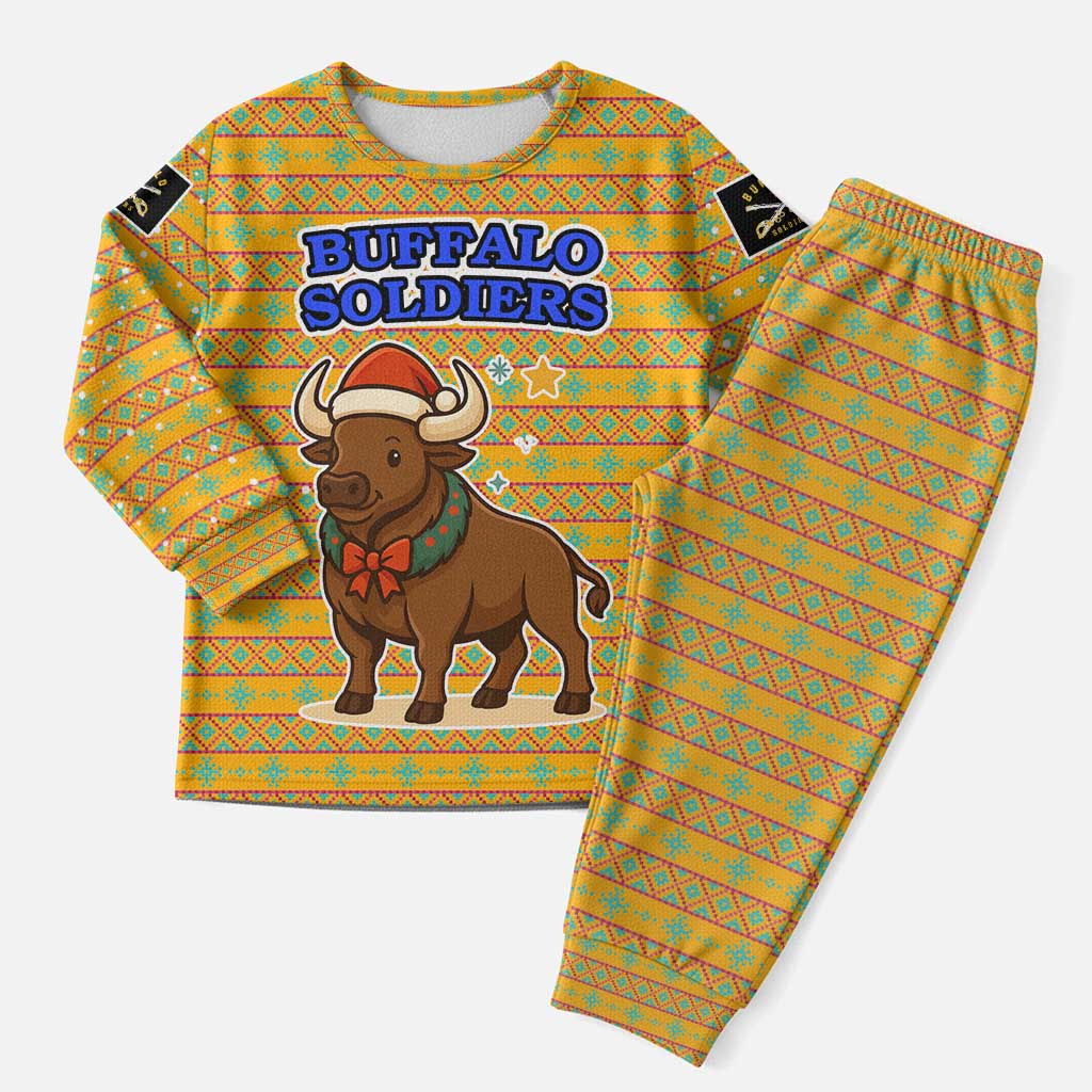 Buffalo Soldiers Christmas Pajama Set with Yellow Cartoon Buffalo Santa Hat Design - Wonder Print Shop