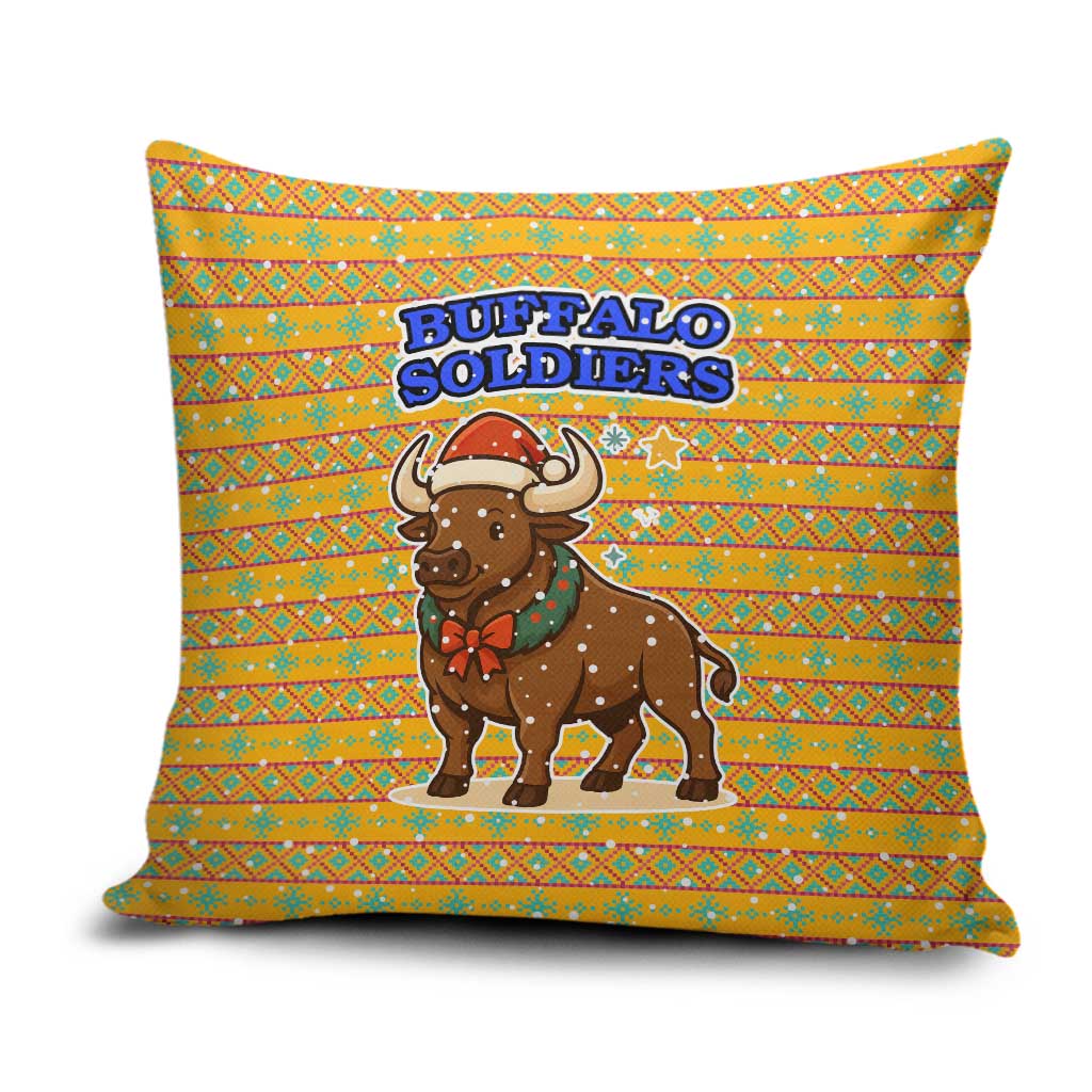 Buffalo Soldiers Christmas Pillow Cover with Yellow Cartoon Buffalo Santa Hat Design - Wonder Print Shop