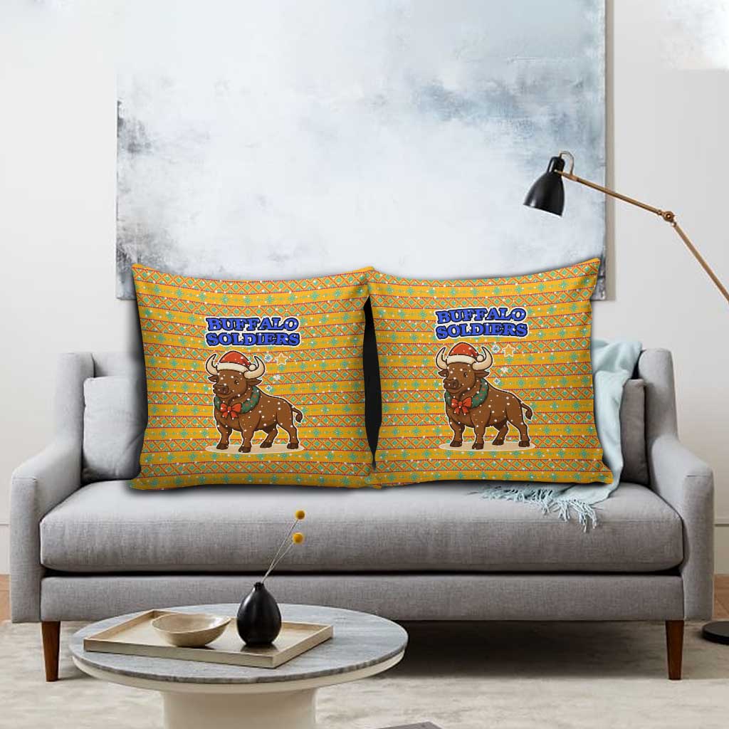 Buffalo Soldiers Christmas Pillow Cover with Yellow Cartoon Buffalo Santa Hat Design - Wonder Print Shop
