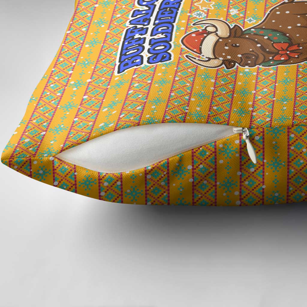 Buffalo Soldiers Christmas Pillow Cover with Yellow Cartoon Buffalo Santa Hat Design - Wonder Print Shop