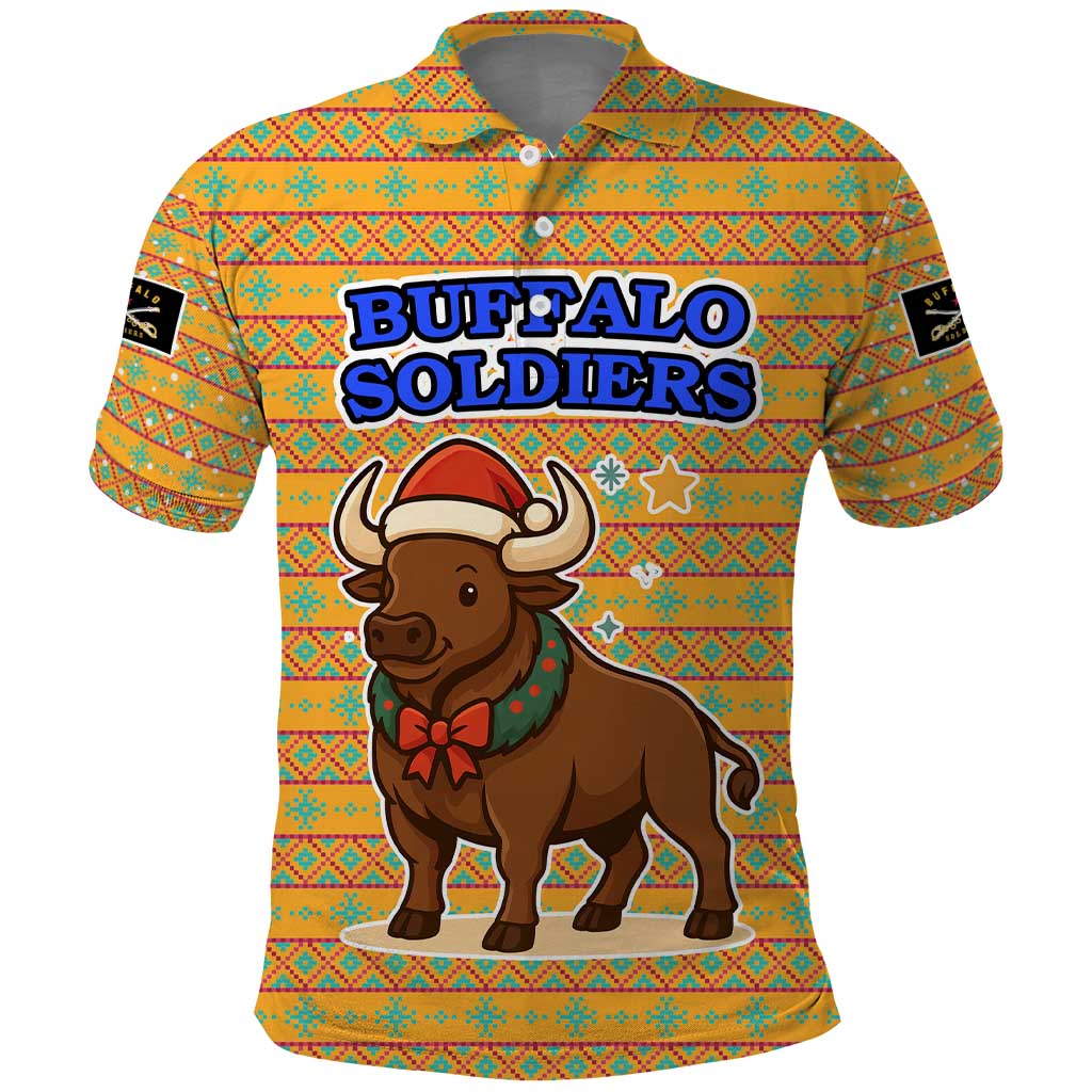 Buffalo Soldiers Christmas Polo Shirt with Yellow Cartoon Buffalo Santa Hat Design - Wonder Print Shop