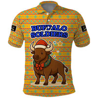 Buffalo Soldiers Christmas Polo Shirt with Yellow Cartoon Buffalo Santa Hat Design - Wonder Print Shop