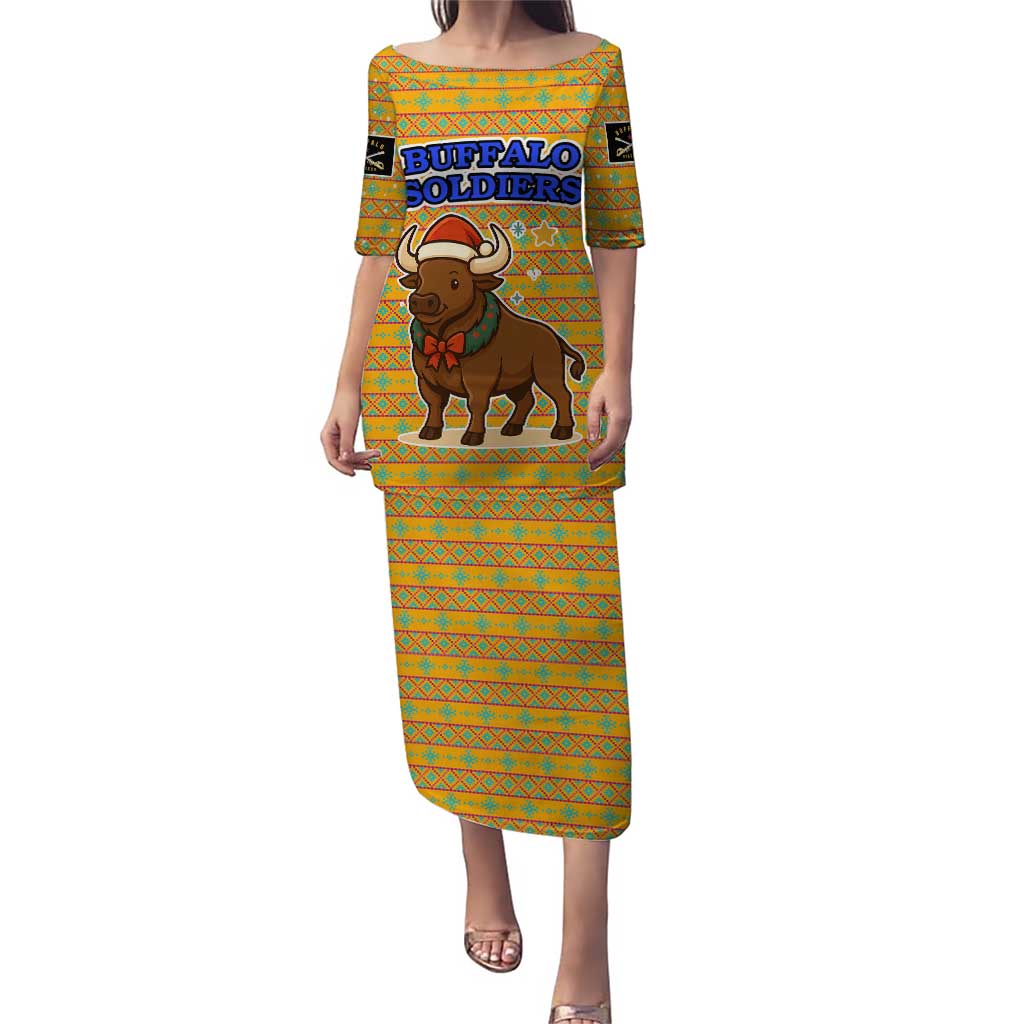 Buffalo Soldiers Christmas Puletasi with Yellow Cartoon Buffalo Santa Hat Design - Wonder Print Shop