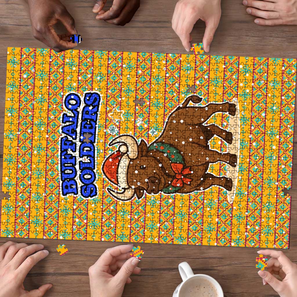 Buffalo Soldiers Christmas Puzzle with Yellow Cartoon Buffalo Santa Hat Design - Wonder Print Shop