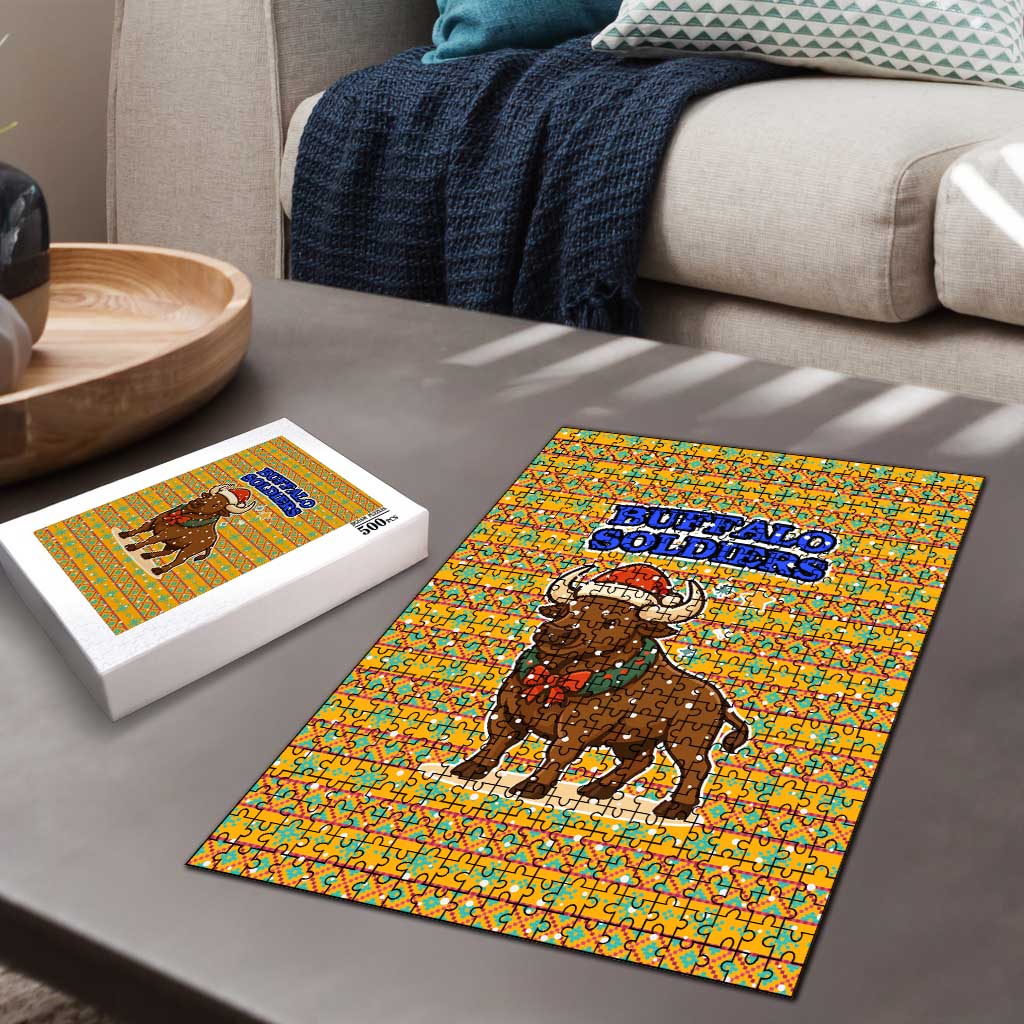 Buffalo Soldiers Christmas Puzzle with Yellow Cartoon Buffalo Santa Hat Design - Wonder Print Shop