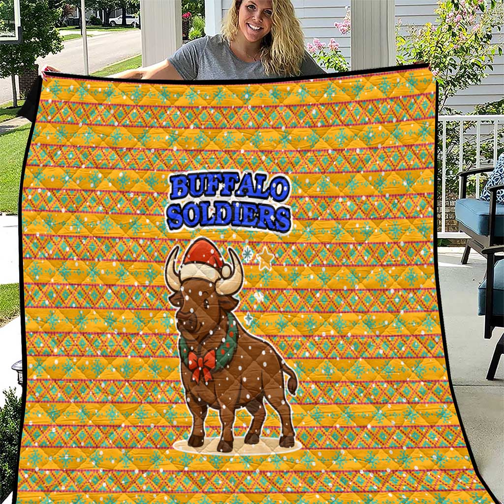 Buffalo Soldiers Christmas Quilt with Yellow Cartoon Buffalo Santa Hat Design - Wonder Print Shop