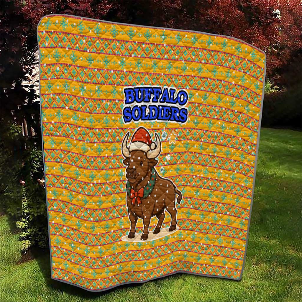 Buffalo Soldiers Christmas Quilt with Yellow Cartoon Buffalo Santa Hat Design - Wonder Print Shop