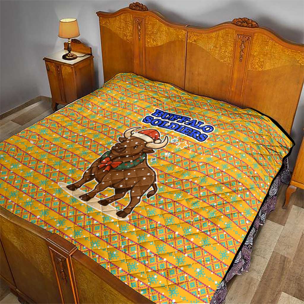 Buffalo Soldiers Christmas Quilt with Yellow Cartoon Buffalo Santa Hat Design - Wonder Print Shop