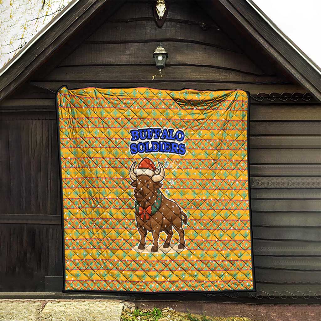 Buffalo Soldiers Christmas Quilt with Yellow Cartoon Buffalo Santa Hat Design - Wonder Print Shop
