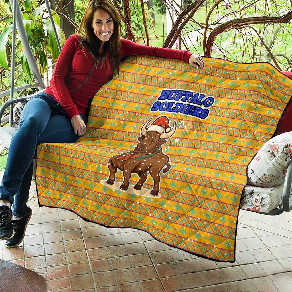 Buffalo Soldiers Christmas Quilt with Yellow Cartoon Buffalo Santa Hat Design - Wonder Print Shop