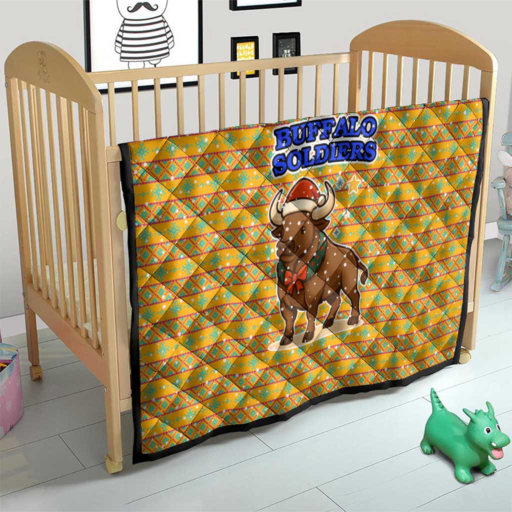 Buffalo Soldiers Christmas Quilt with Yellow Cartoon Buffalo Santa Hat Design - Wonder Print Shop