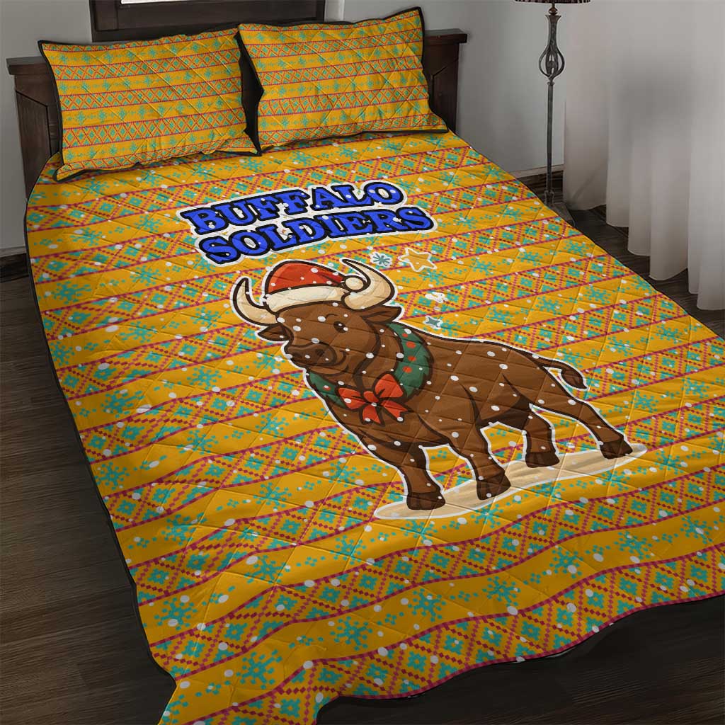 Buffalo Soldiers Christmas Quilt Bed Set with Yellow Cartoon Buffalo Santa Hat Design - Wonder Print Shop