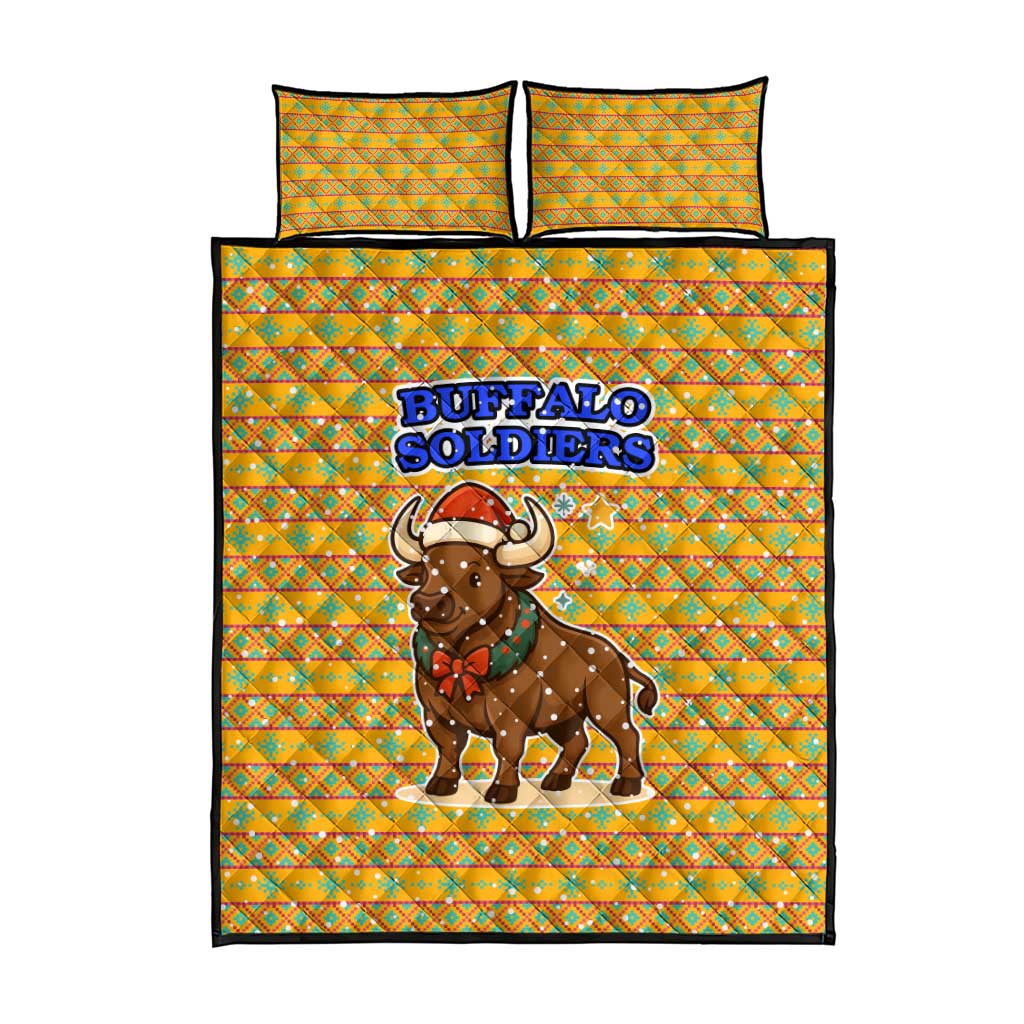 Buffalo Soldiers Christmas Quilt Bed Set with Yellow Cartoon Buffalo Santa Hat Design - Wonder Print Shop