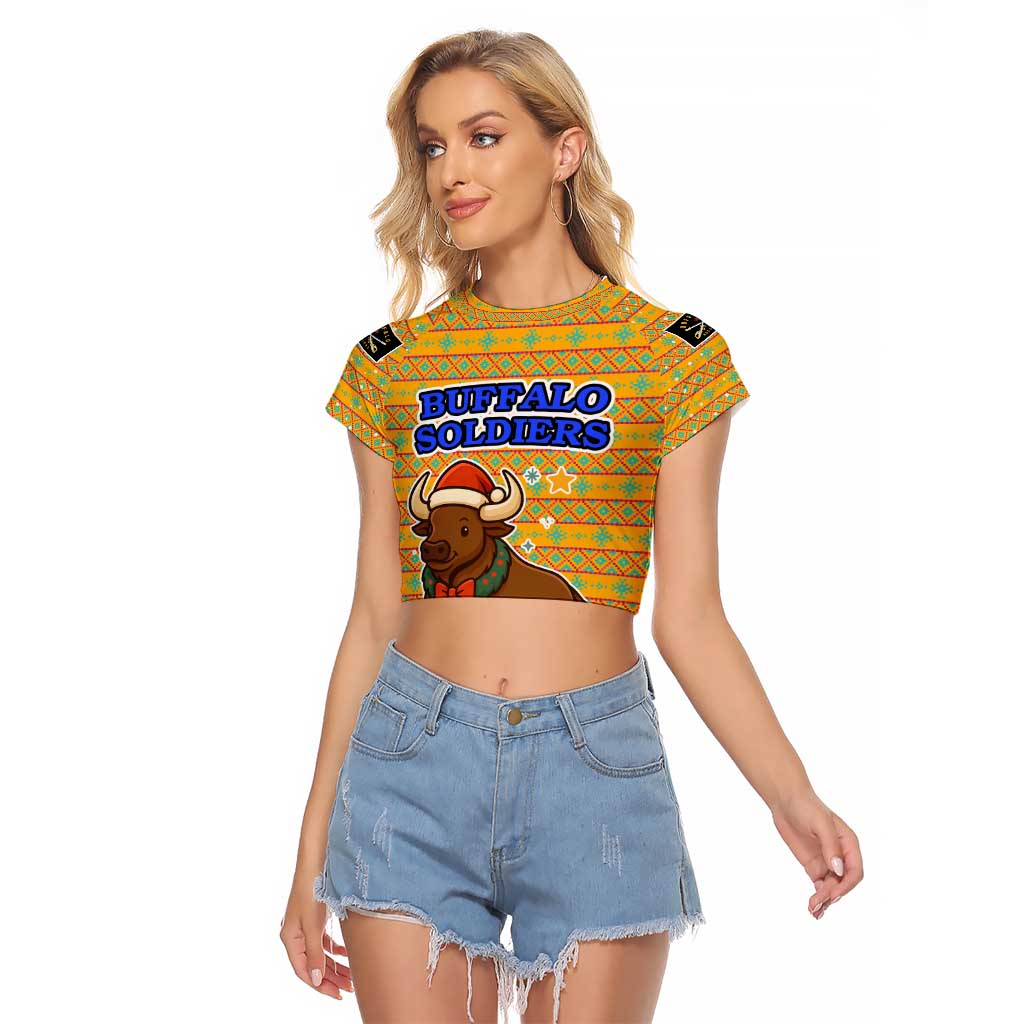 Buffalo Soldiers Christmas Raglan Cropped T Shirt with Yellow Cartoon Buffalo Santa Hat Design - Wonder Print Shop