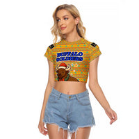 Buffalo Soldiers Christmas Raglan Cropped T Shirt with Yellow Cartoon Buffalo Santa Hat Design - Wonder Print Shop