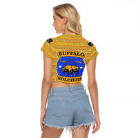 Buffalo Soldiers Christmas Raglan Cropped T Shirt with Yellow Cartoon Buffalo Santa Hat Design - Wonder Print Shop