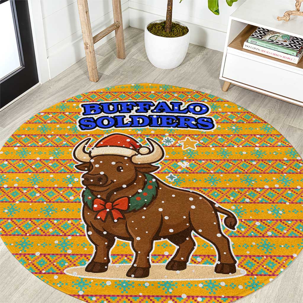 Buffalo Soldiers Christmas Round Carpet with Yellow Cartoon Buffalo Santa Hat Design - Wonder Print Shop