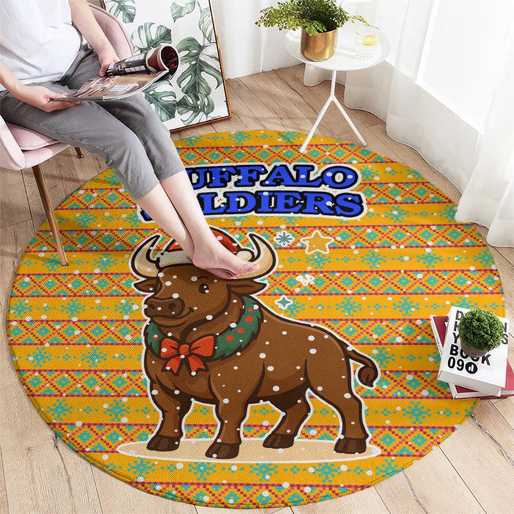 Buffalo Soldiers Christmas Round Carpet with Yellow Cartoon Buffalo Santa Hat Design - Wonder Print Shop