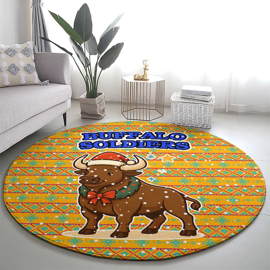 Buffalo Soldiers Christmas Round Carpet with Yellow Cartoon Buffalo Santa Hat Design - Wonder Print Shop