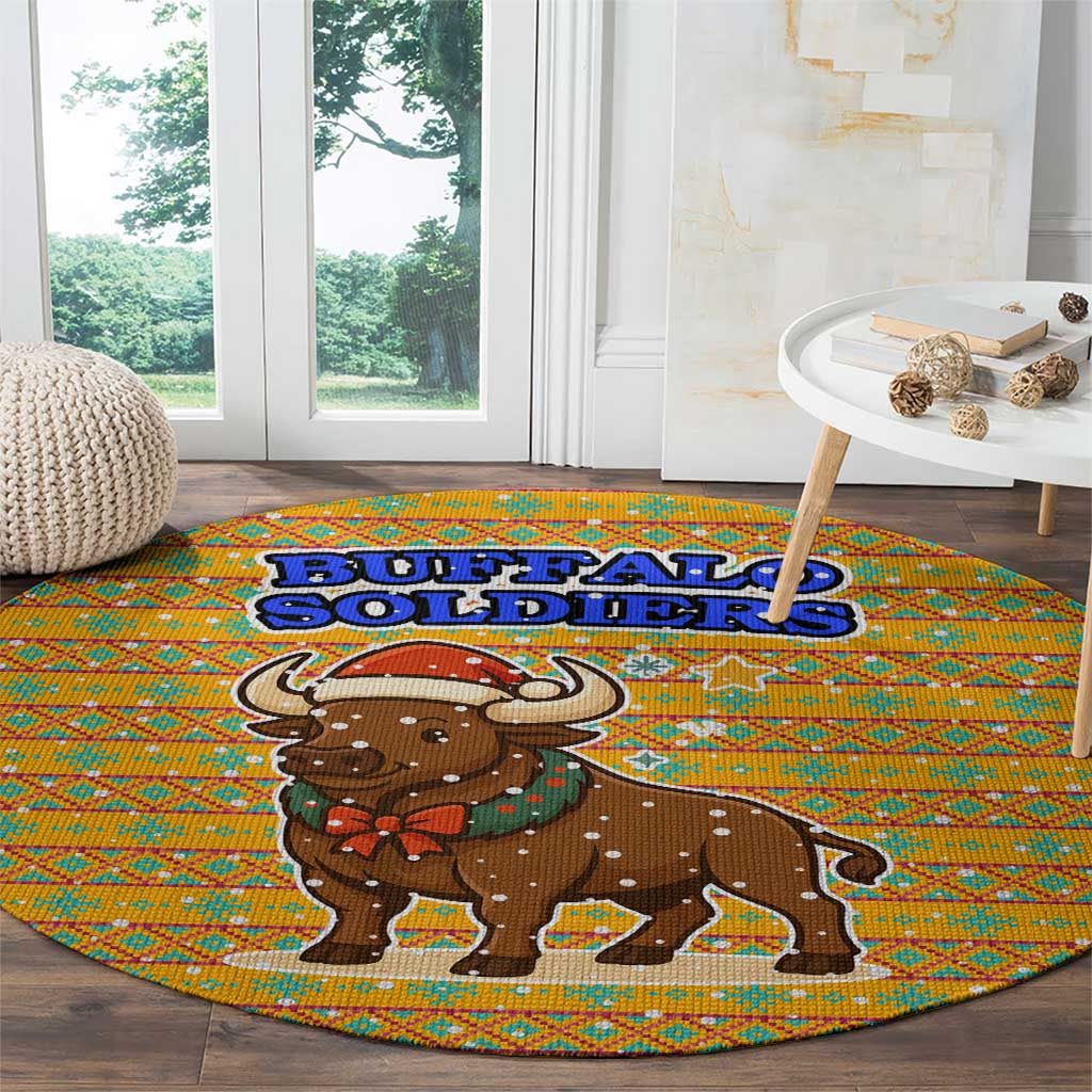 Buffalo Soldiers Christmas Round Carpet with Yellow Cartoon Buffalo Santa Hat Design - Wonder Print Shop