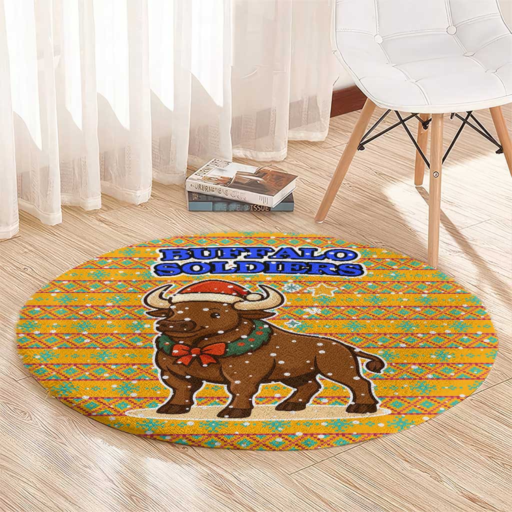 Buffalo Soldiers Christmas Round Carpet with Yellow Cartoon Buffalo Santa Hat Design - Wonder Print Shop