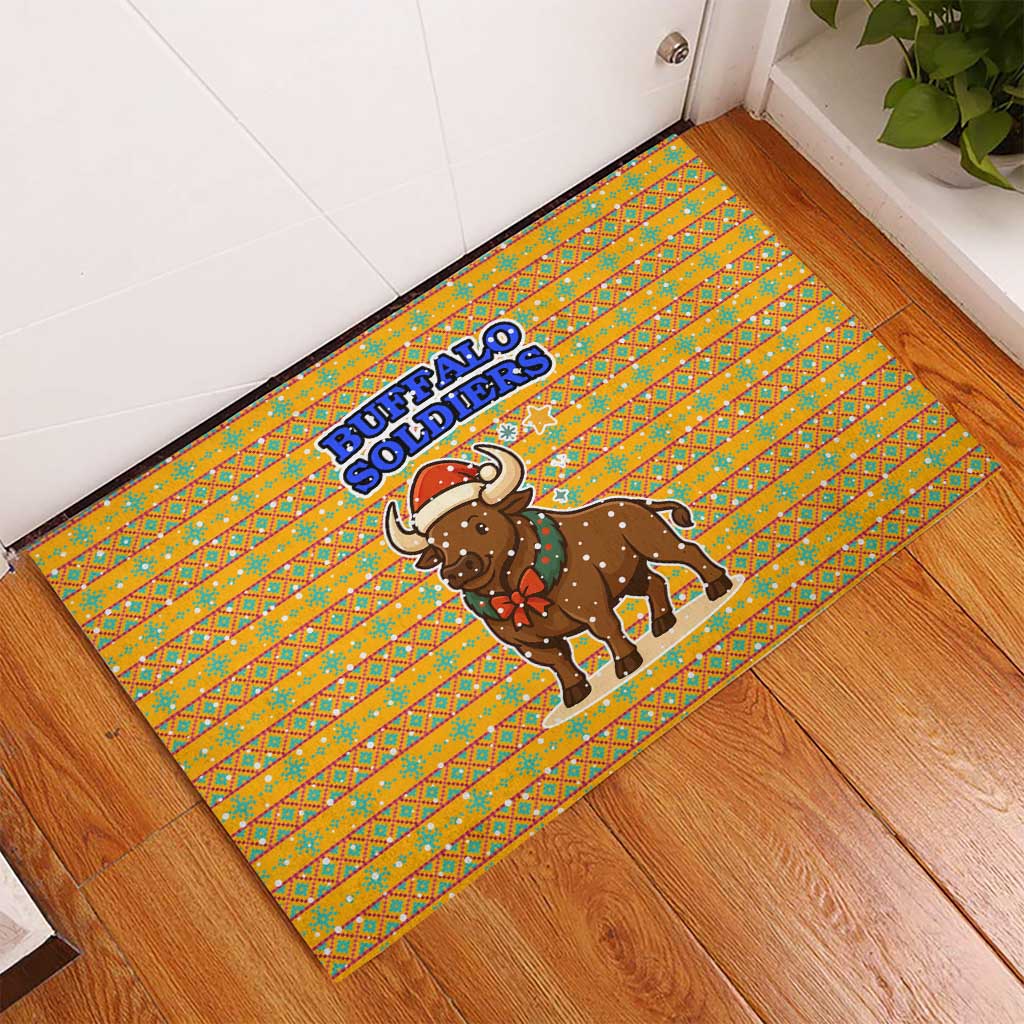 Buffalo Soldiers Christmas Rubber Doormat with Yellow Cartoon Buffalo Santa Hat Design - Wonder Print Shop