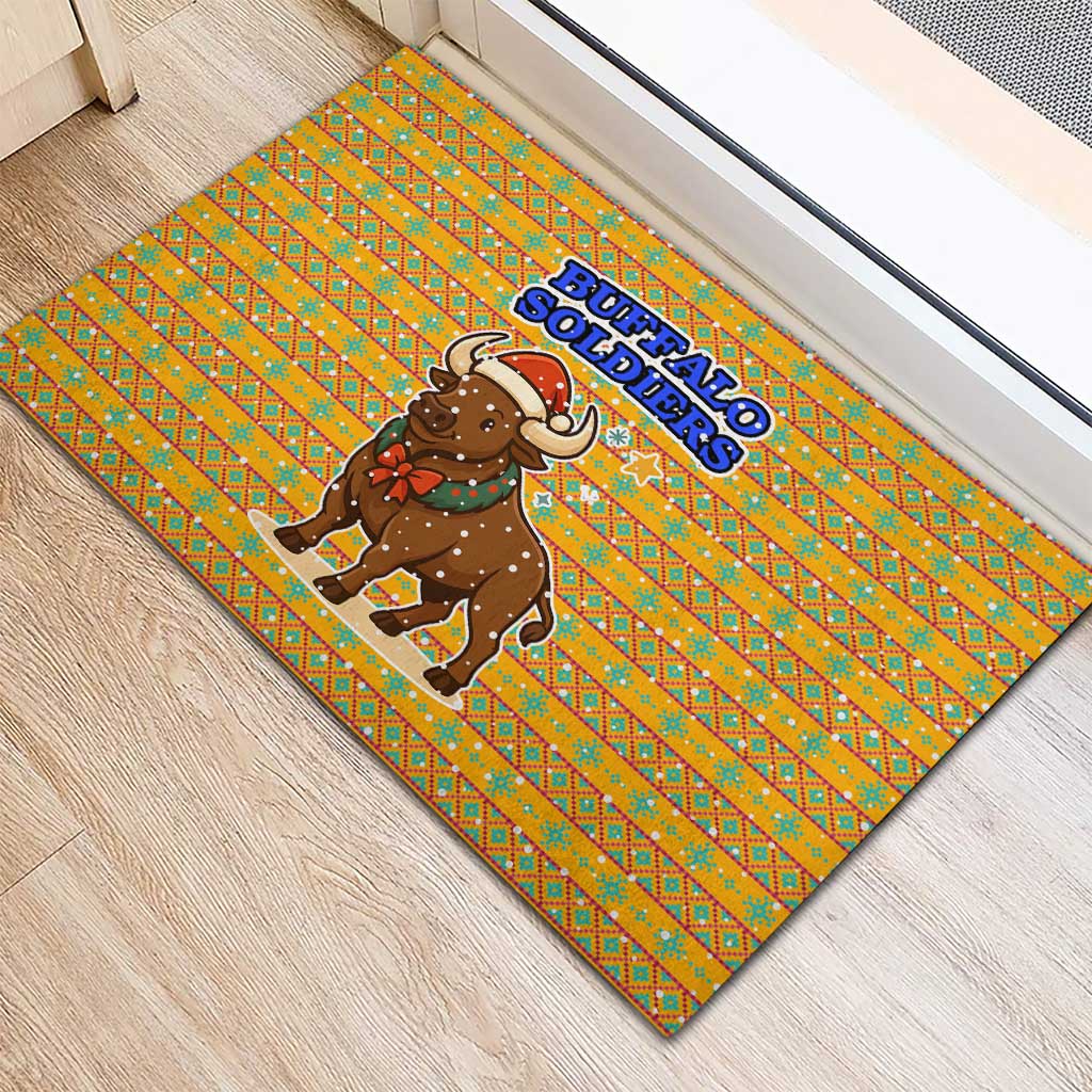 Buffalo Soldiers Christmas Rubber Doormat with Yellow Cartoon Buffalo Santa Hat Design - Wonder Print Shop
