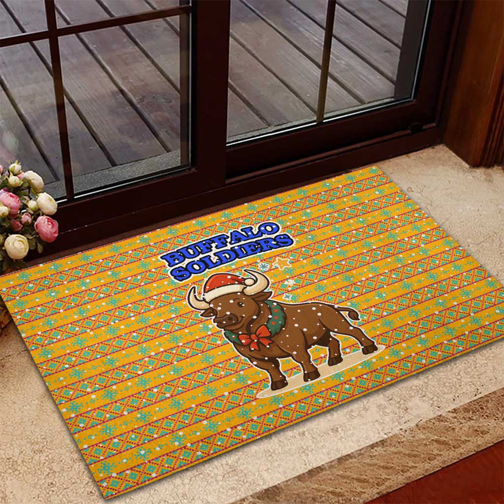 Buffalo Soldiers Christmas Rubber Doormat with Yellow Cartoon Buffalo Santa Hat Design - Wonder Print Shop