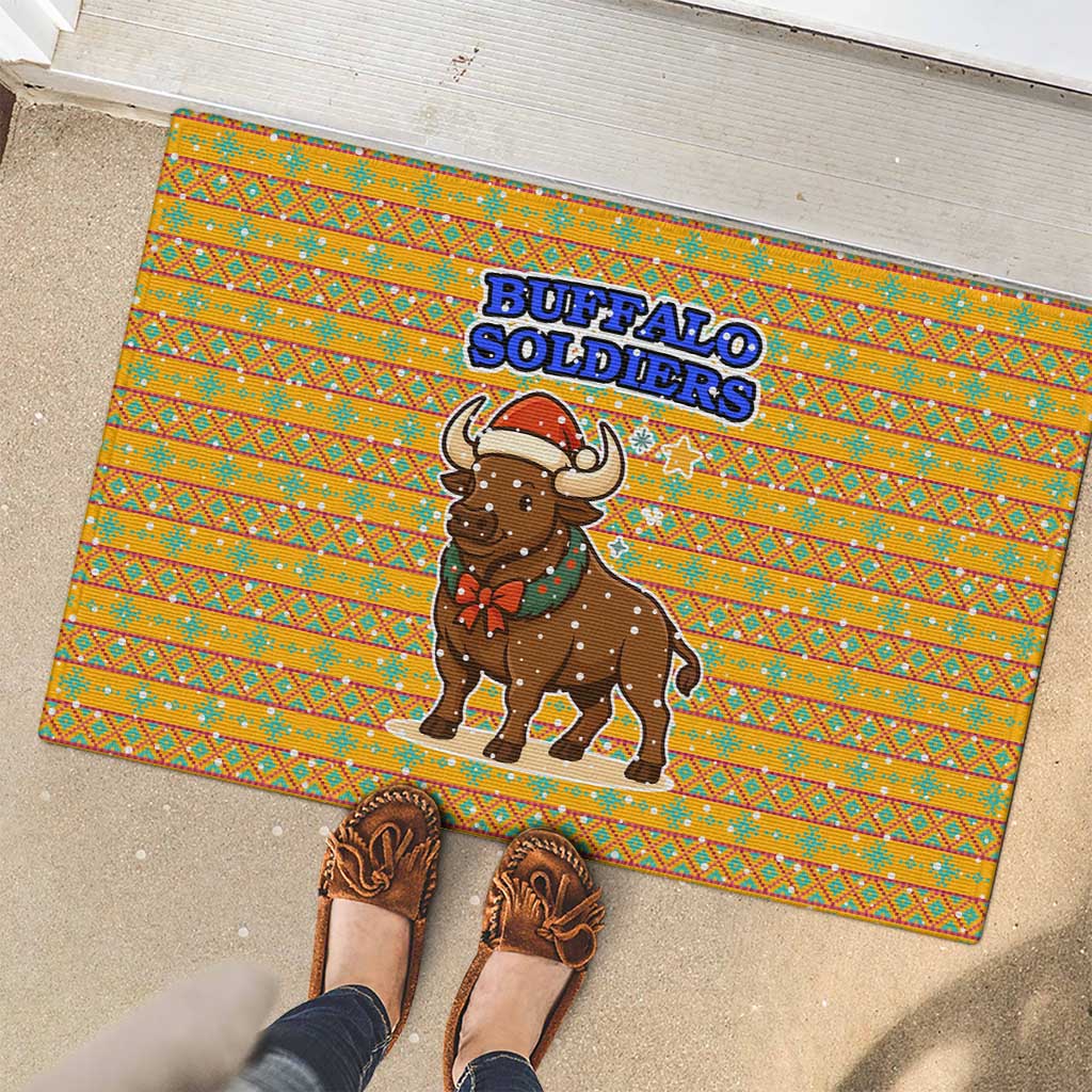 Buffalo Soldiers Christmas Rubber Doormat with Yellow Cartoon Buffalo Santa Hat Design - Wonder Print Shop