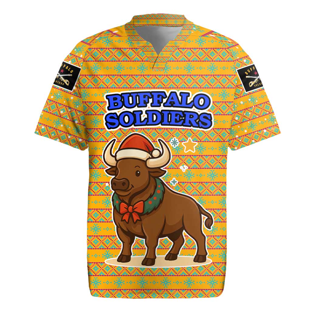 Buffalo Soldiers Christmas Rugby Jersey with Yellow Cartoon Buffalo Santa Hat Design - Wonder Print Shop