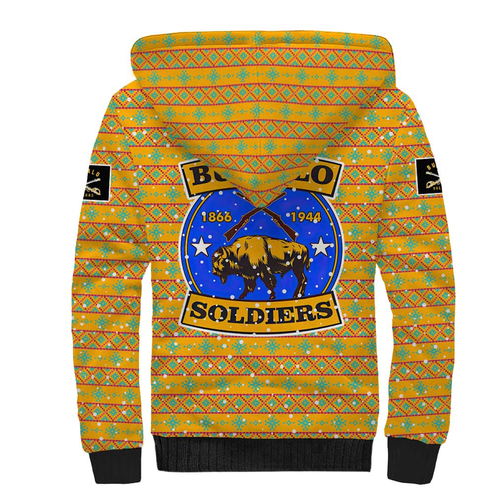 Buffalo Soldiers Christmas Sherpa Hoodie with Yellow Cartoon Buffalo Santa Hat Design - Wonder Print Shop