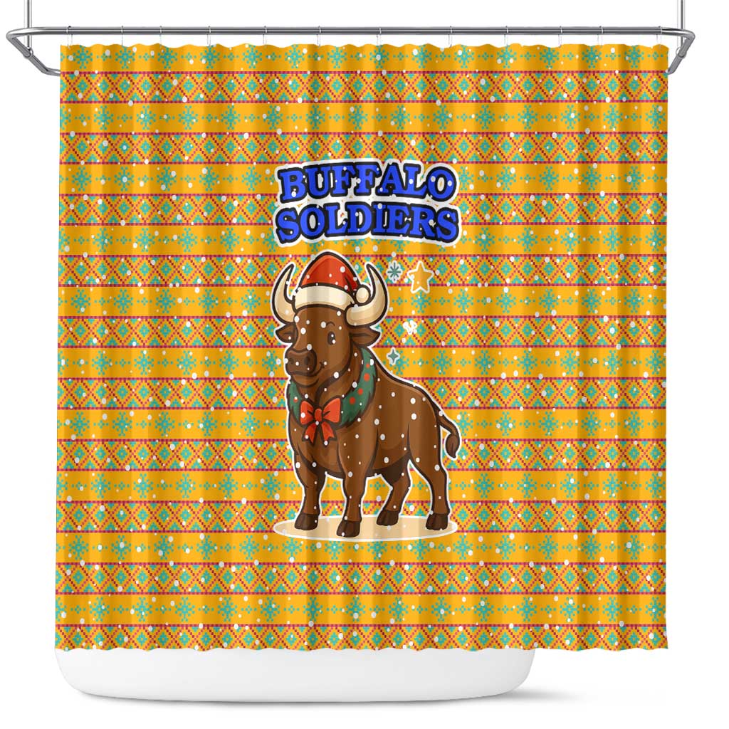 Buffalo Soldiers Christmas Shower Curtain with Yellow Cartoon Buffalo Santa Hat Design - Wonder Print Shop