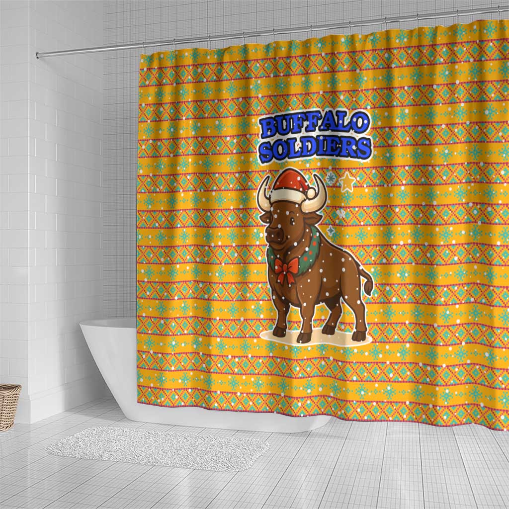 Buffalo Soldiers Christmas Shower Curtain with Yellow Cartoon Buffalo Santa Hat Design - Wonder Print Shop
