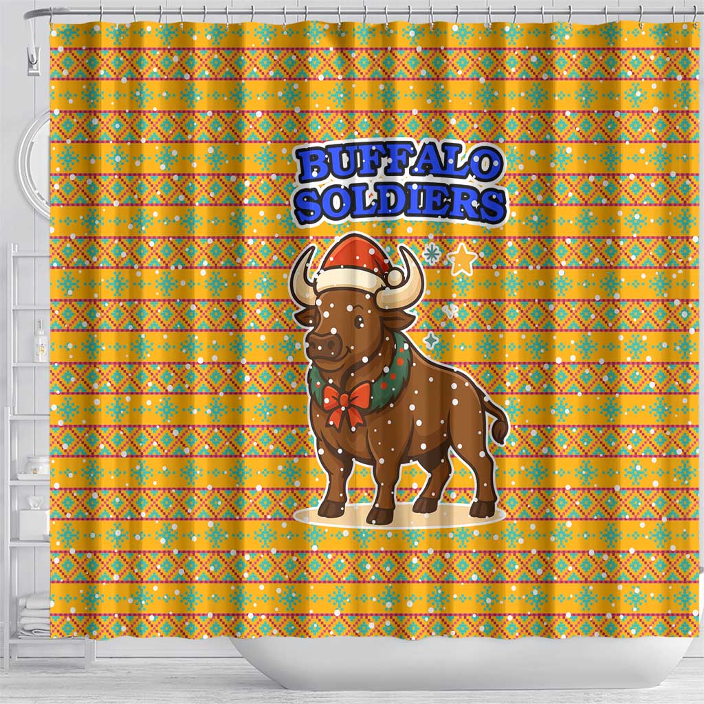 Buffalo Soldiers Christmas Shower Curtain with Yellow Cartoon Buffalo Santa Hat Design - Wonder Print Shop