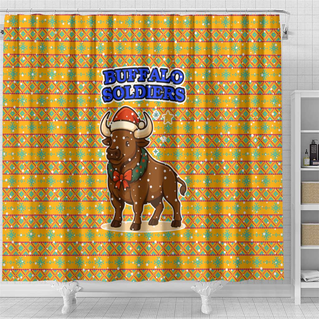 Buffalo Soldiers Christmas Shower Curtain with Yellow Cartoon Buffalo Santa Hat Design - Wonder Print Shop