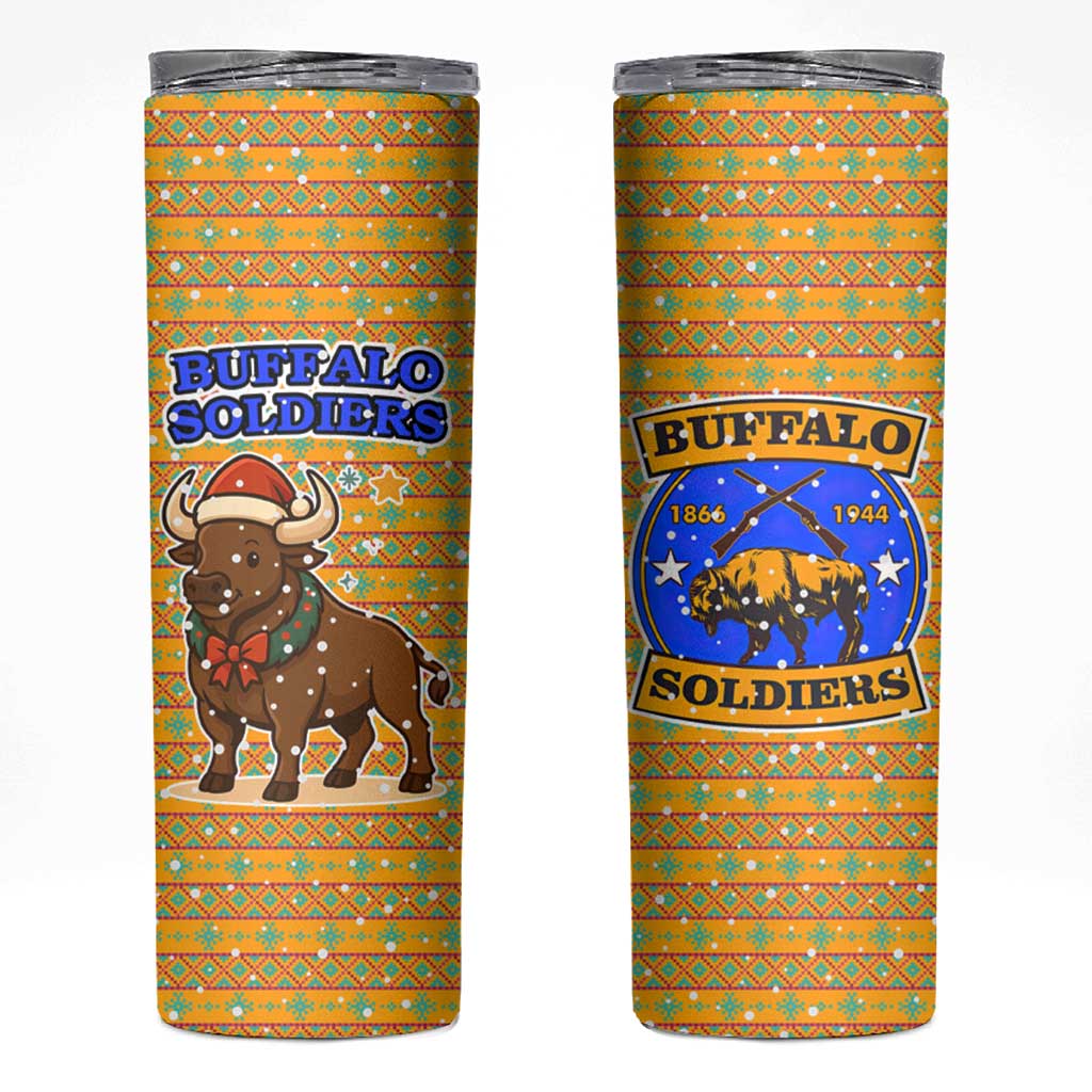 Buffalo Soldiers Christmas Skinny Tumbler with Yellow Cartoon Buffalo Santa Hat Design - Wonder Print Shop