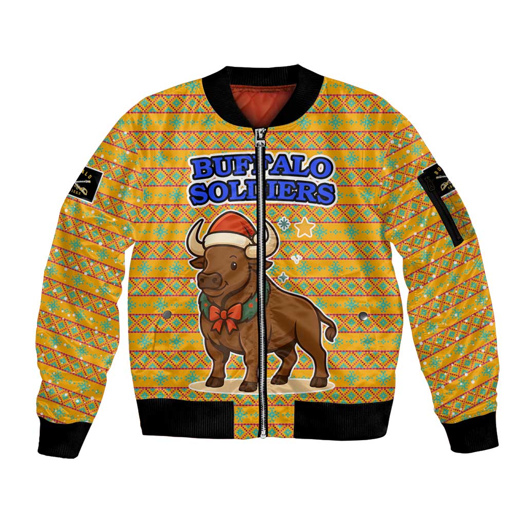 Buffalo Soldiers Christmas Sleeve Zip Bomber Jacket with Yellow Cartoon Buffalo Santa Hat Design - Wonder Print Shop