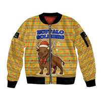 Buffalo Soldiers Christmas Sleeve Zip Bomber Jacket with Yellow Cartoon Buffalo Santa Hat Design - Wonder Print Shop