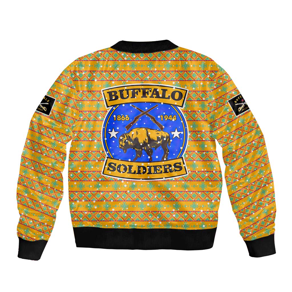 Buffalo Soldiers Christmas Sleeve Zip Bomber Jacket with Yellow Cartoon Buffalo Santa Hat Design - Wonder Print Shop