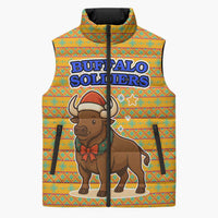 Buffalo Soldiers Christmas Sleeveless Puffer Jacket with Yellow Cartoon Buffalo Santa Hat Design - Wonder Print Shop