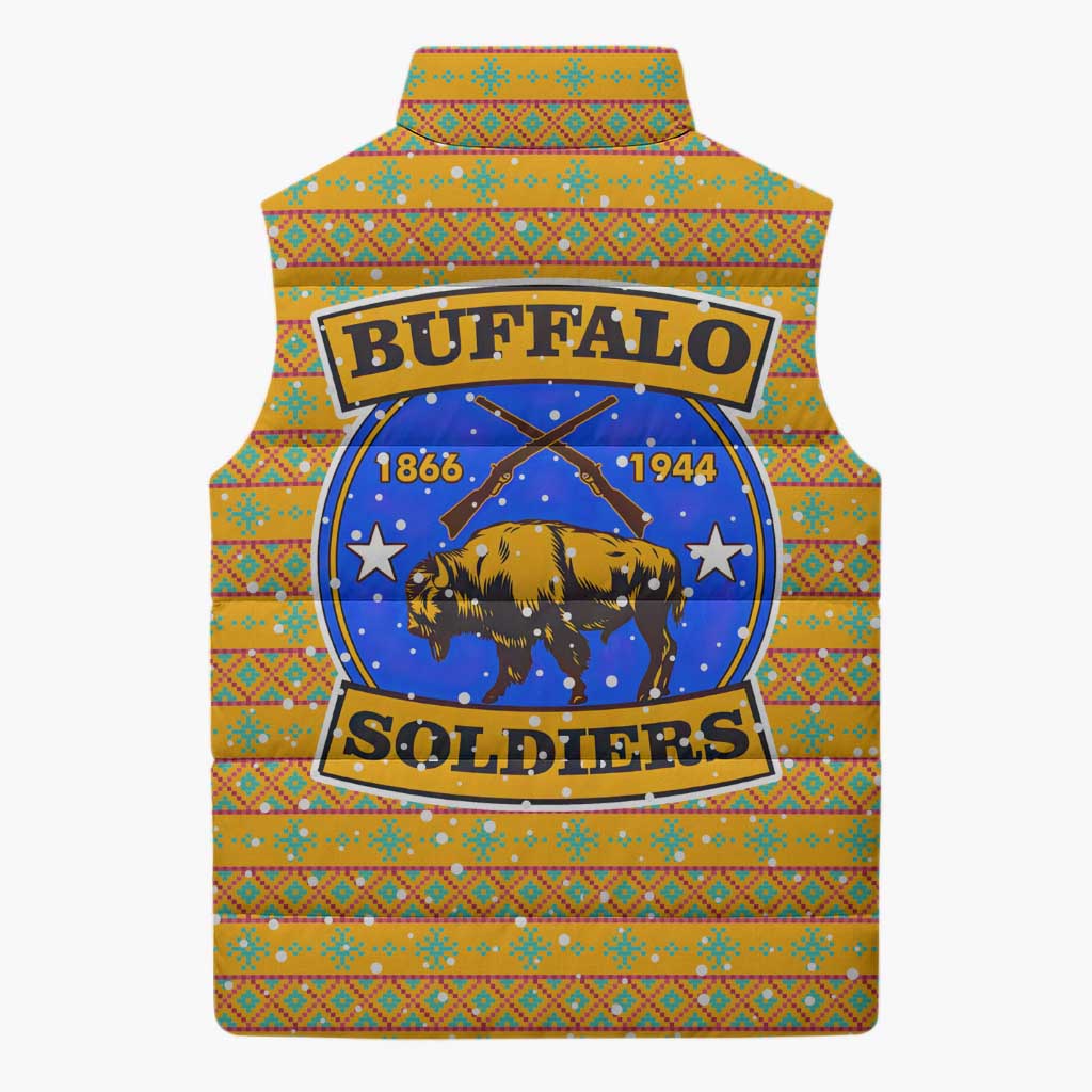 Buffalo Soldiers Christmas Sleeveless Puffer Jacket with Yellow Cartoon Buffalo Santa Hat Design - Wonder Print Shop