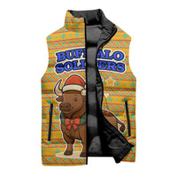 Buffalo Soldiers Christmas Sleeveless Puffer Jacket with Yellow Cartoon Buffalo Santa Hat Design - Wonder Print Shop