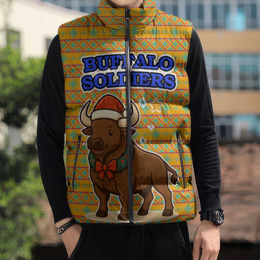 Buffalo Soldiers Christmas Sleeveless Puffer Jacket with Yellow Cartoon Buffalo Santa Hat Design - Wonder Print Shop