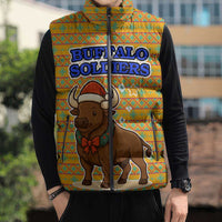 Buffalo Soldiers Christmas Sleeveless Puffer Jacket with Yellow Cartoon Buffalo Santa Hat Design - Wonder Print Shop
